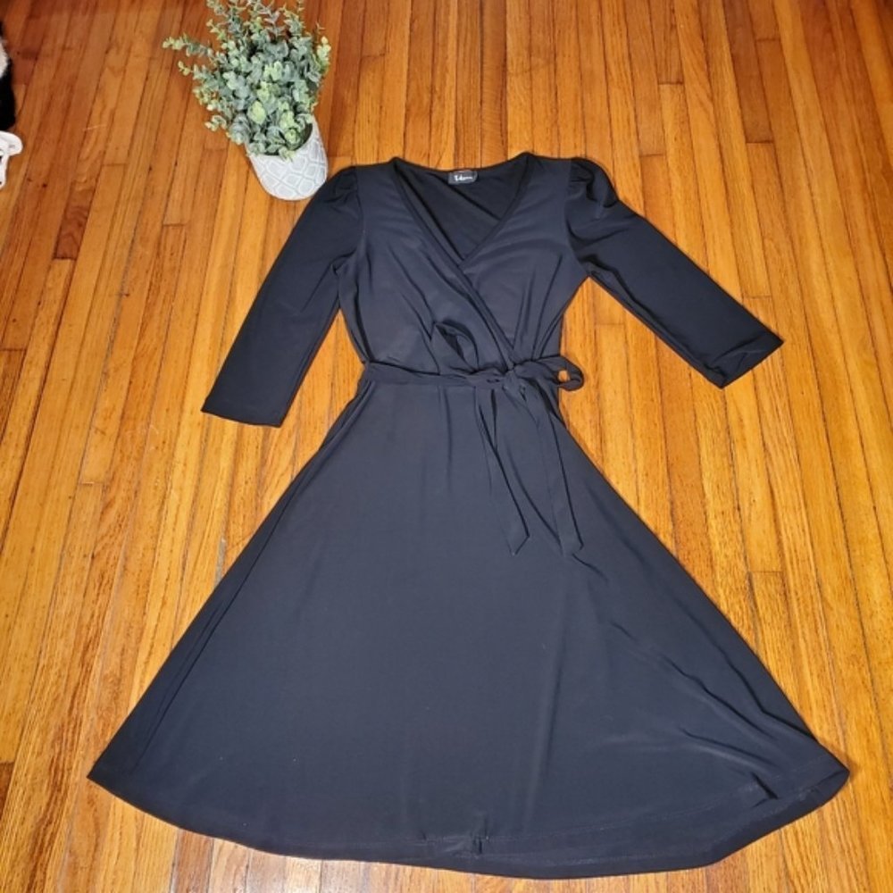 Taboo Black Dress Fit Flare Midi V Neck Faux Wrap Stretch Preppy Classic Belted
